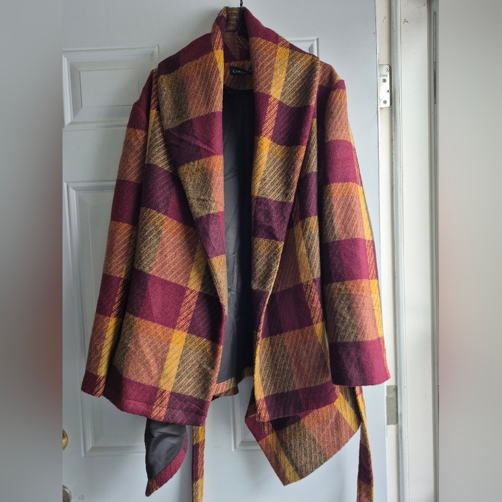 Chicwish Prairie Rabato Wrap Fall Coat Jacket Wool Burgundy/Mustard Yellow Plaid - Picture 3 of 14